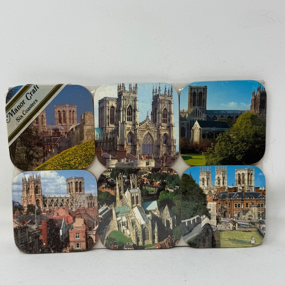 Manor Craft York Minster Cathedral England‎ Coasters Set 6 Vtg Souvenir NOS